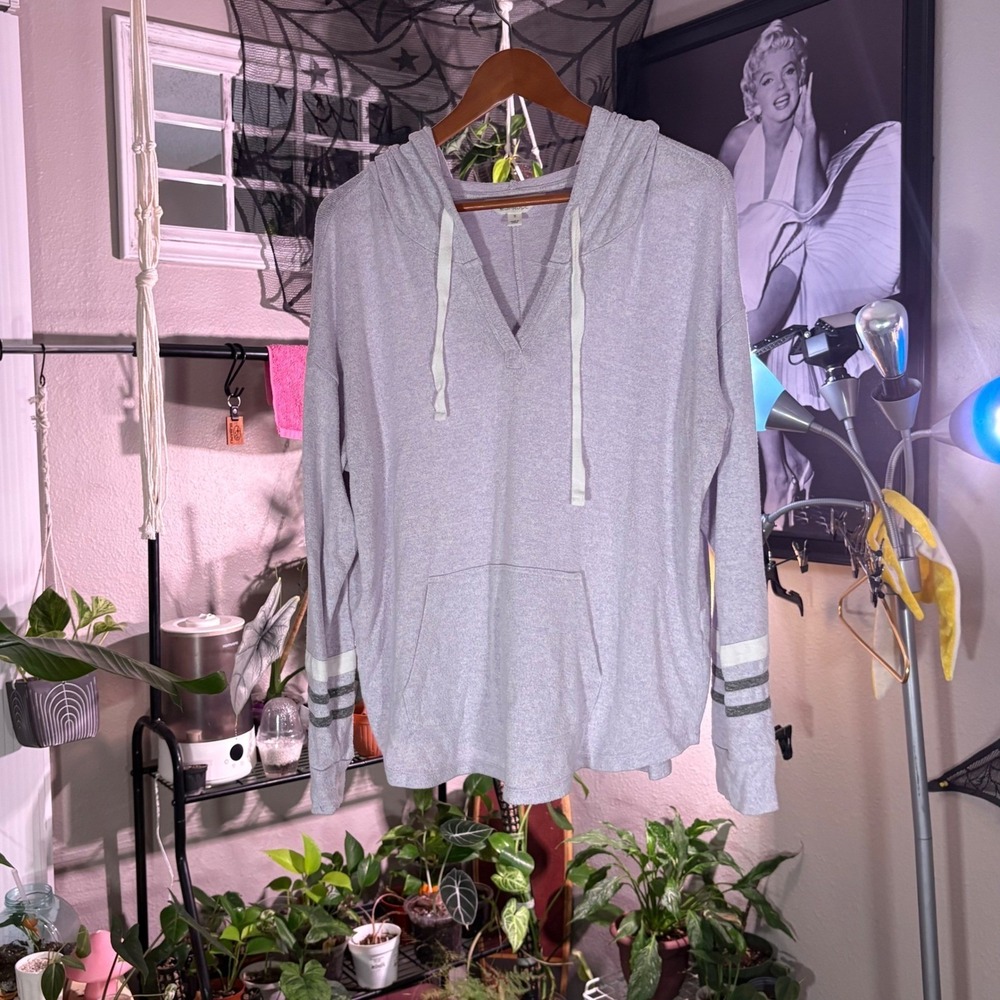 MARKET & SPRUCE Lavender‎ Heathered V Neck Hoodie Lightweight Striped Cuffs XL